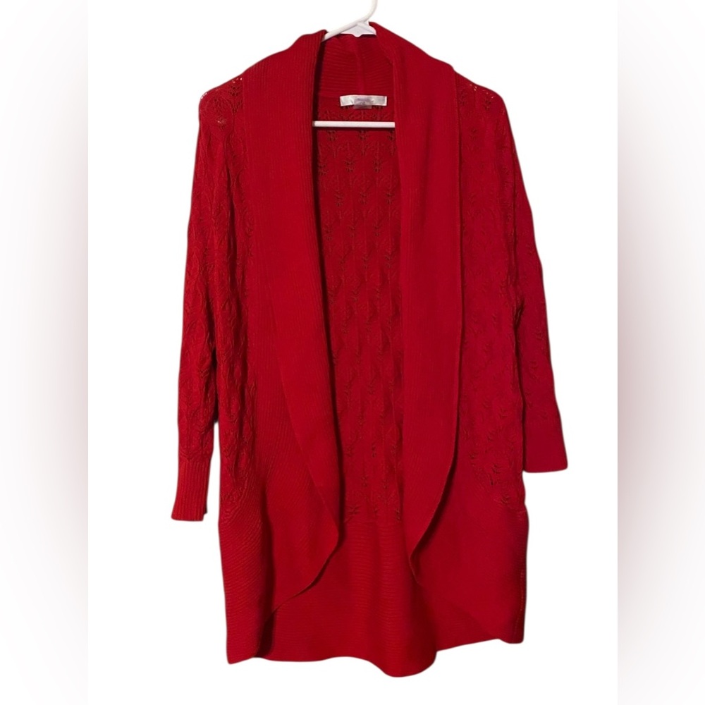 ALIA  Open Cardigan Sweater Women’s Large Red 3/4 Sleeves Shawl Neck  Comfy Cozy